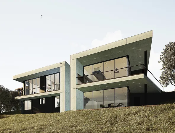 a front view of a house with large windows