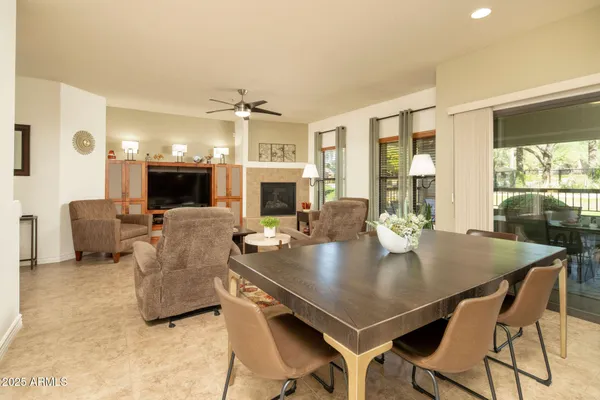 a view of a dining room with furniture