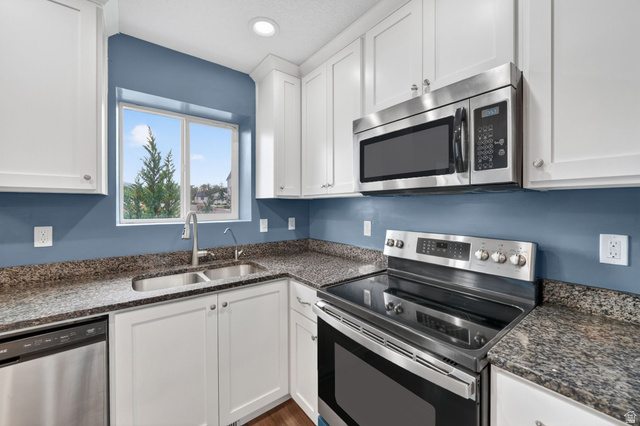 295 Spruce Way Santaquin, UT 84655 - Photo 11 of 32 Kitchen featuring white cabinetry, granite-finish countertops, stainless steel appliances, and a double-basin sink with a gooseneck faucet