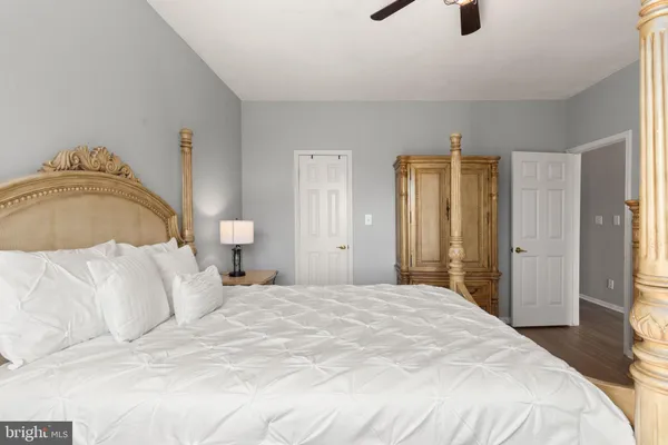 a bedroom with a bed and a walk in closet