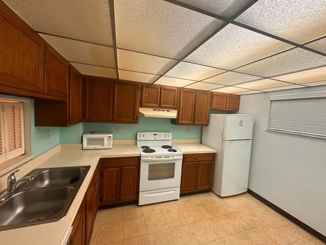 a kitchen with a stove a sink and a refrigerator