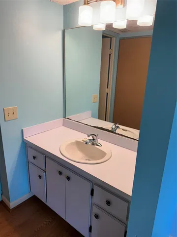 a bathroom with a sink and a mirror