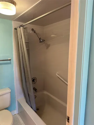 a bathroom with a shower and a toilet