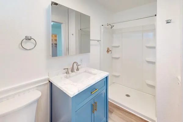 a bathroom with a sink a vanity a mirror and a shower
