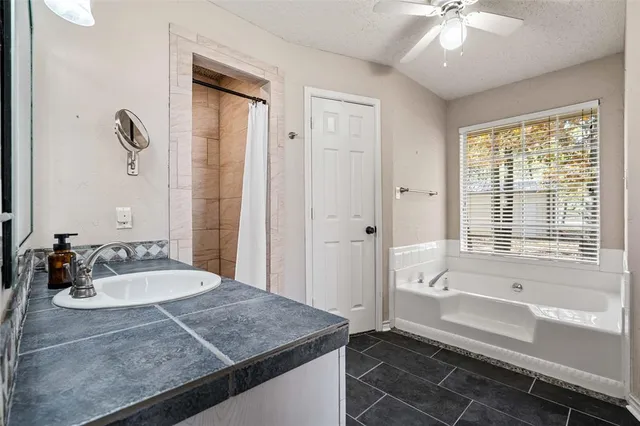 a bathroom with a tub sink and mirror