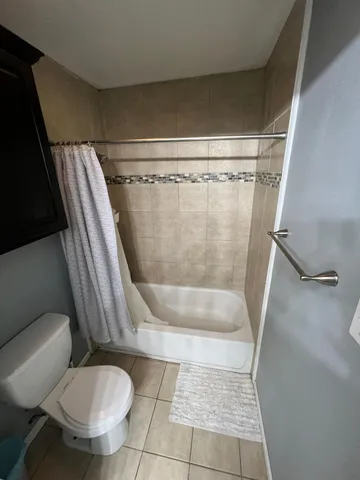 a bathroom with a shower and a toilet