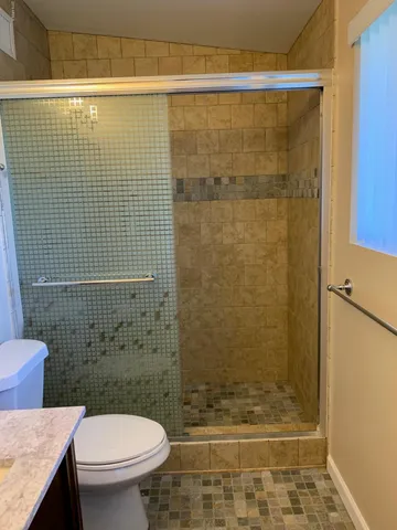 a bathroom with a shower and a toilet