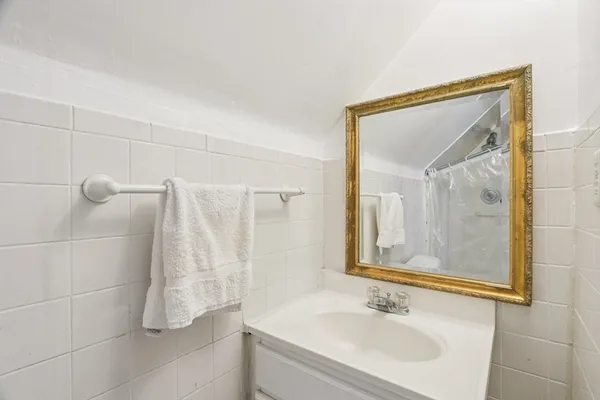 a bathroom with a sink vanity and a mirror