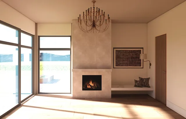 a view of an empty room with a fireplace and a window