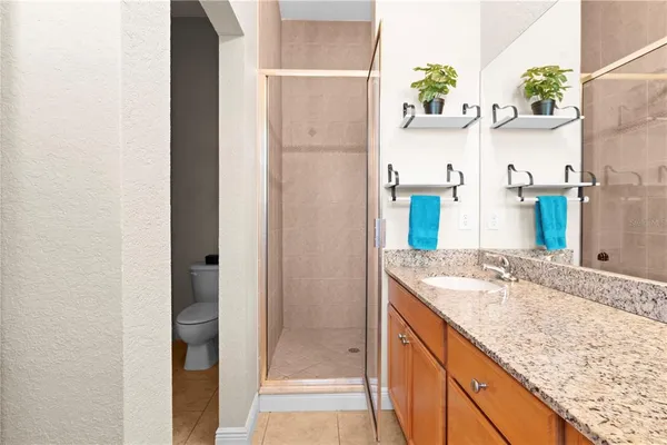 a bathroom with a granite countertop sink a mirror and a shower