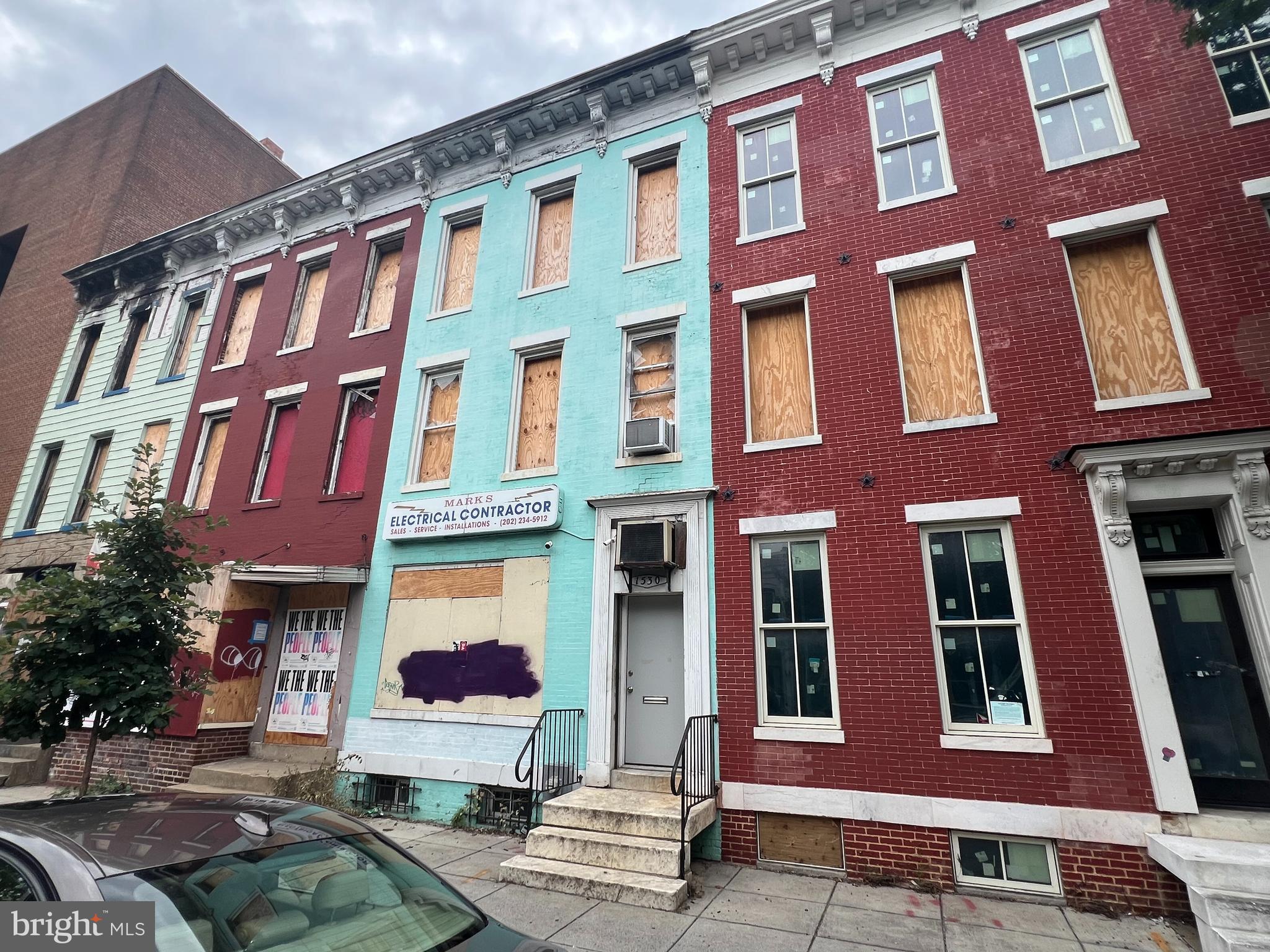 a front view of a multi story building