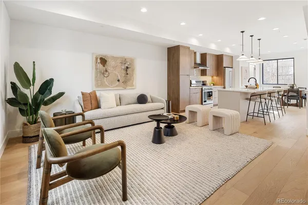 a living room with furniture kitchen view and a potted plant