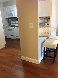 a kitchen with granite countertop a sink cabinets and wooden floor