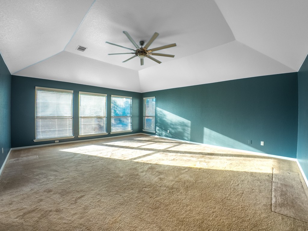 1706 Apache Trail Round Rock, TX 78665 - Photo 17 of 40 Empty room with vaulted ceiling, carpet floors, a ceiling fan, and a textured ceiling