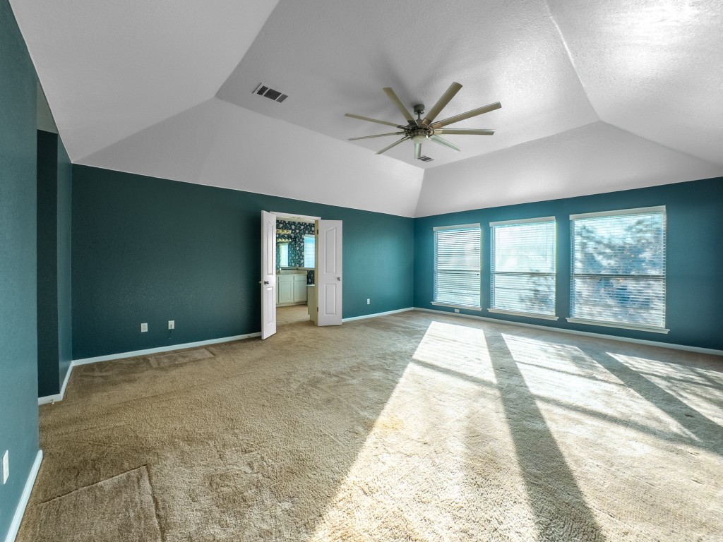 1706 Apache Trail Round Rock, TX 78665 - Photo 18 of 40 Unfurnished living room with a ceiling fan, carpet flooring, lofted ceiling, and a textured ceiling