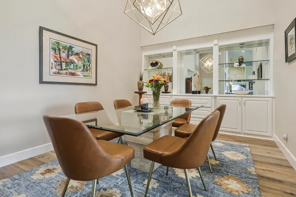 a view of a dining room with furniture