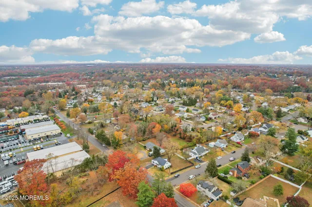 an aerial view of residential houses with outdoor space and trees
