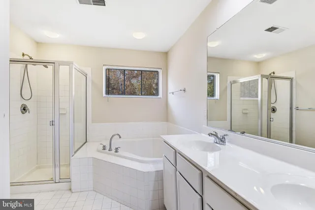 a bathroom with a double vanity sink a shower and a mirror