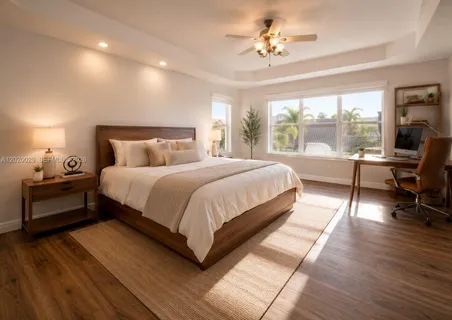 a bedroom with a bed and a desk