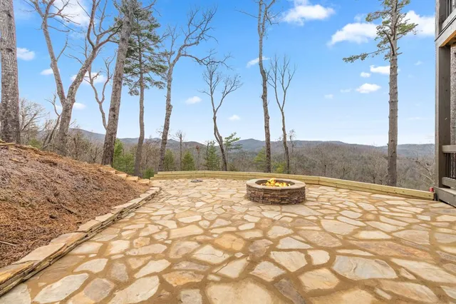 a view of a chair and table in the backyard