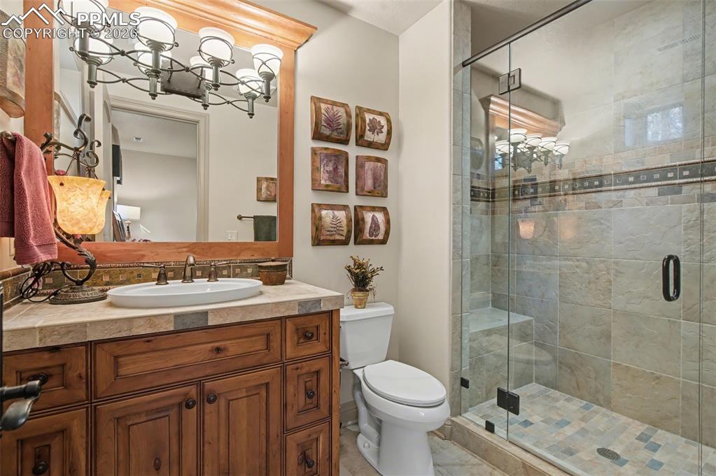 1830 Brantfeather Grove Colorado Springs, CO 80906 - Photo 42 of 50 a bathroom with a sink a toilet and shower