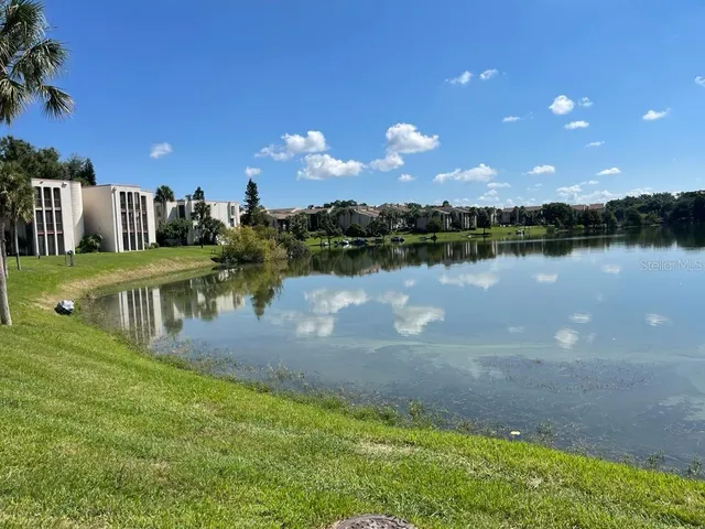 a view of a lake with houses in the back