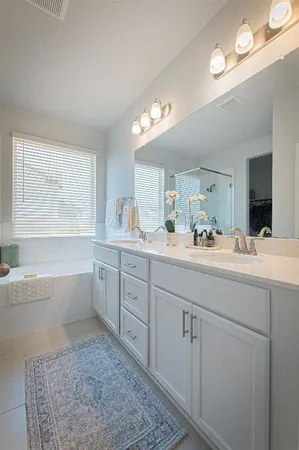 a bathroom with double vanity and a bathtub