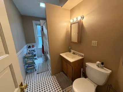 a bathroom with a sink toilet and mirror