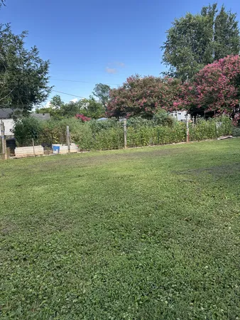 a view of field with trees in background