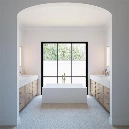 a large bathroom with a sink and a mirror