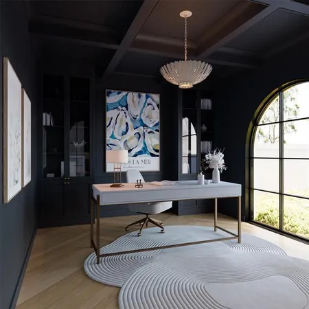 a view of a room with a large window and furniture
