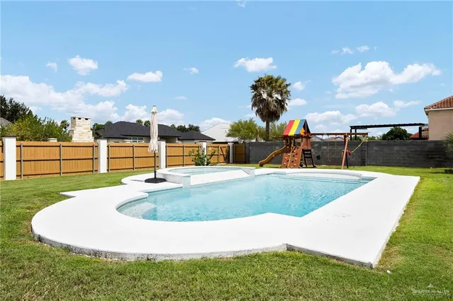 a view of a swimming pool with a yard