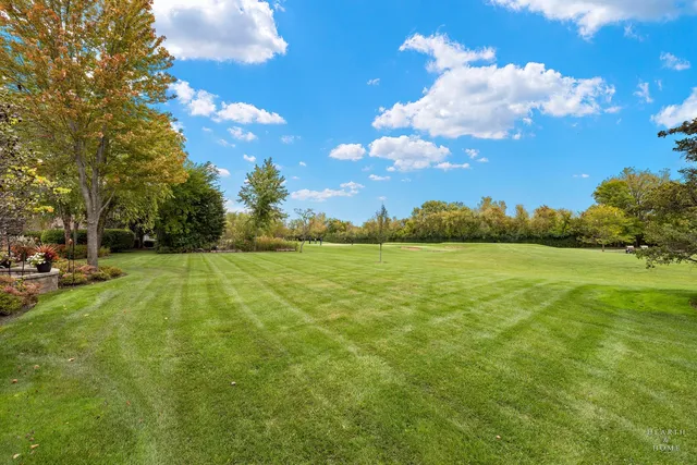 a view of yard with swimming pool and green space