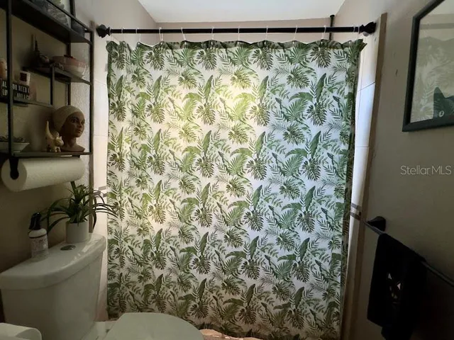 a bathroom with a shower curtain and a toilet