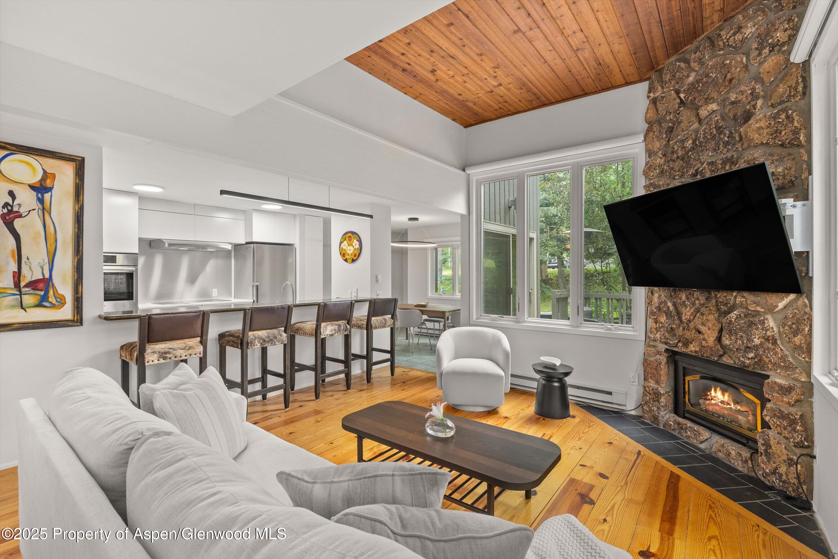 a living room with furniture a flat screen tv and a fireplace