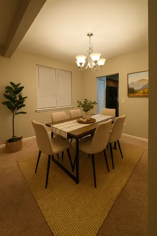 a view of a dining room with furniture and chandelier