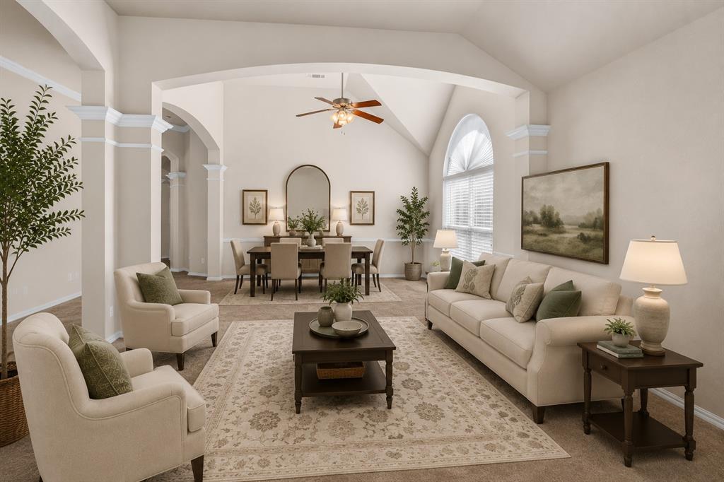 5316 Ridgeson Drive McKinney, TX 75071 - Photo 2 of 33 Spacious living area featuring neutral carpeting, arched openings, and a vaulted ceiling