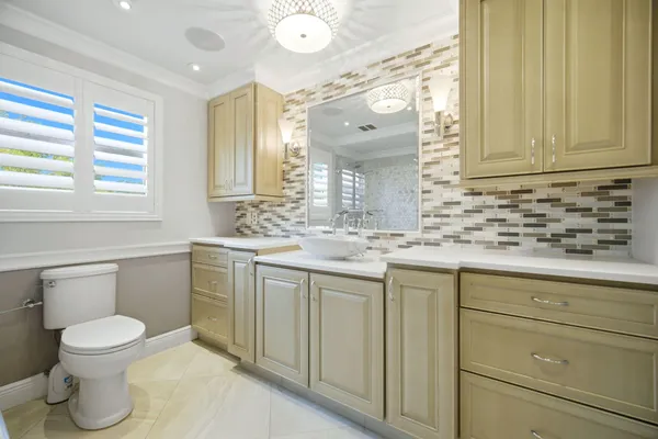 a bathroom with a granite countertop toilet sink and mirror