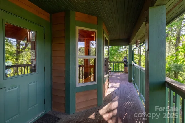 a view of a porch of a house
