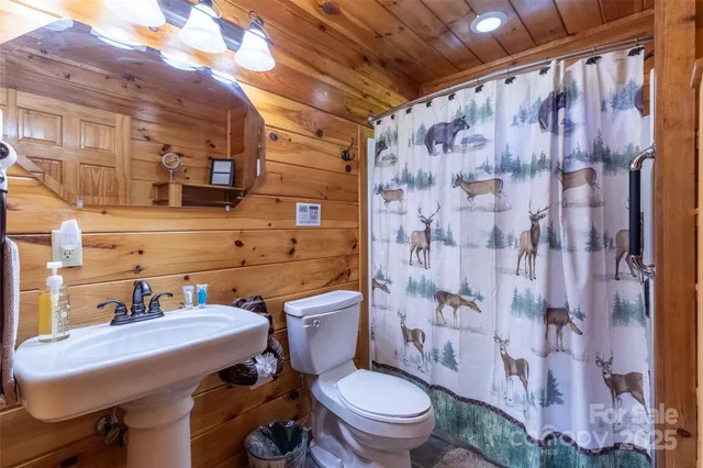 a bathroom with a sink a toilet and shower curtain
