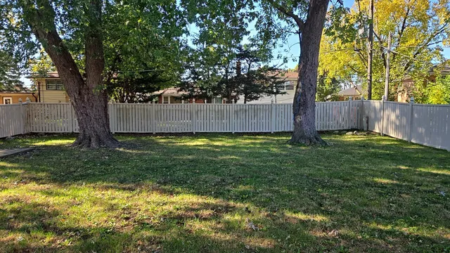 a view of a yard with a tree and wooden fence