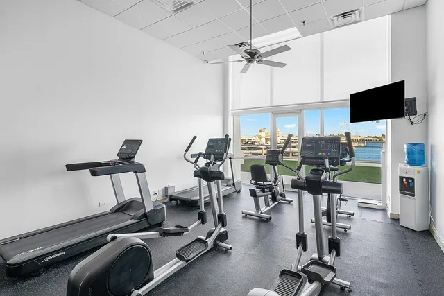 a view of a lake with a terrace