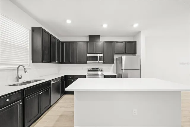 a kitchen with stainless steel appliances a sink dishwasher a refrigerator and a stove