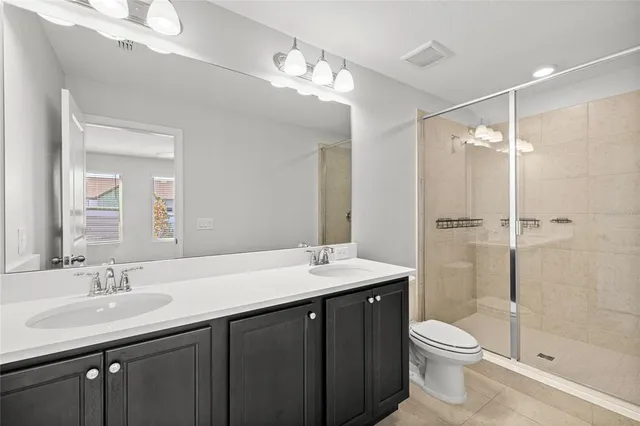 a bathroom with a sink a toilet a mirror and shower