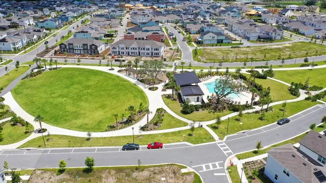 an aerial view of a swimming pool