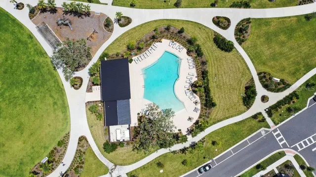 an aerial view of a swimming pool