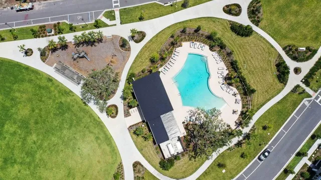 an aerial view of a swimming pool