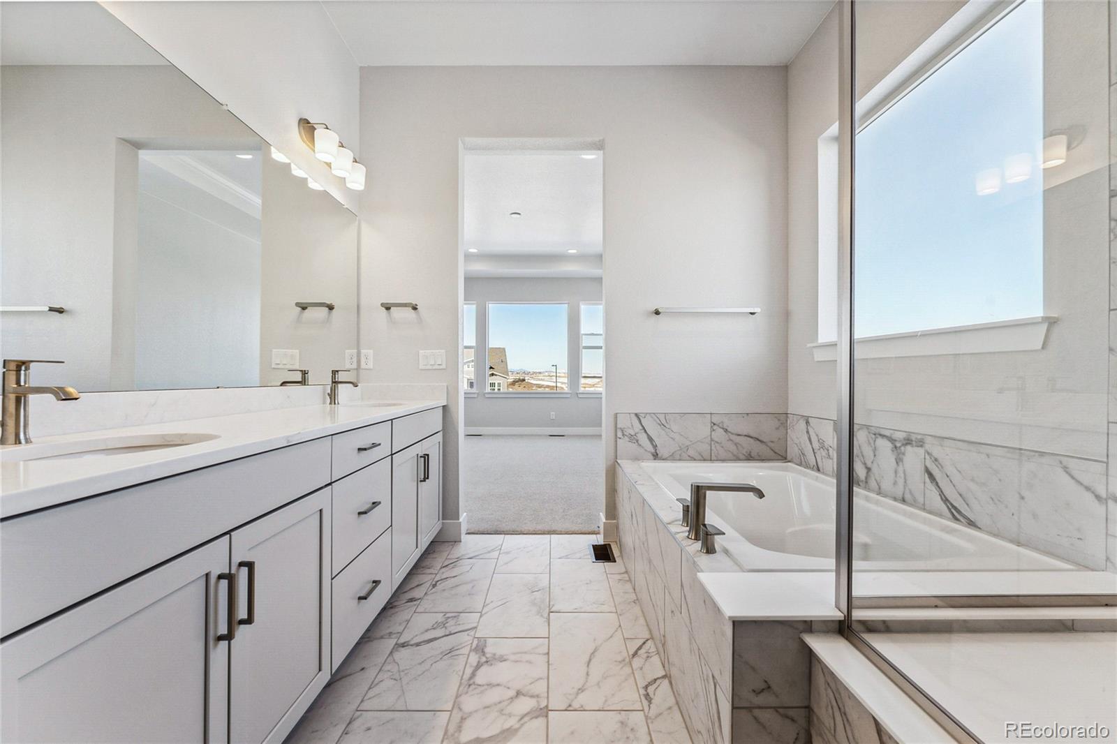 3877 Freestone Point Castle Rock, CO 80108 - Photo 20 of 48 a spacious bathroom with a granite countertop sink mirror and bathtub