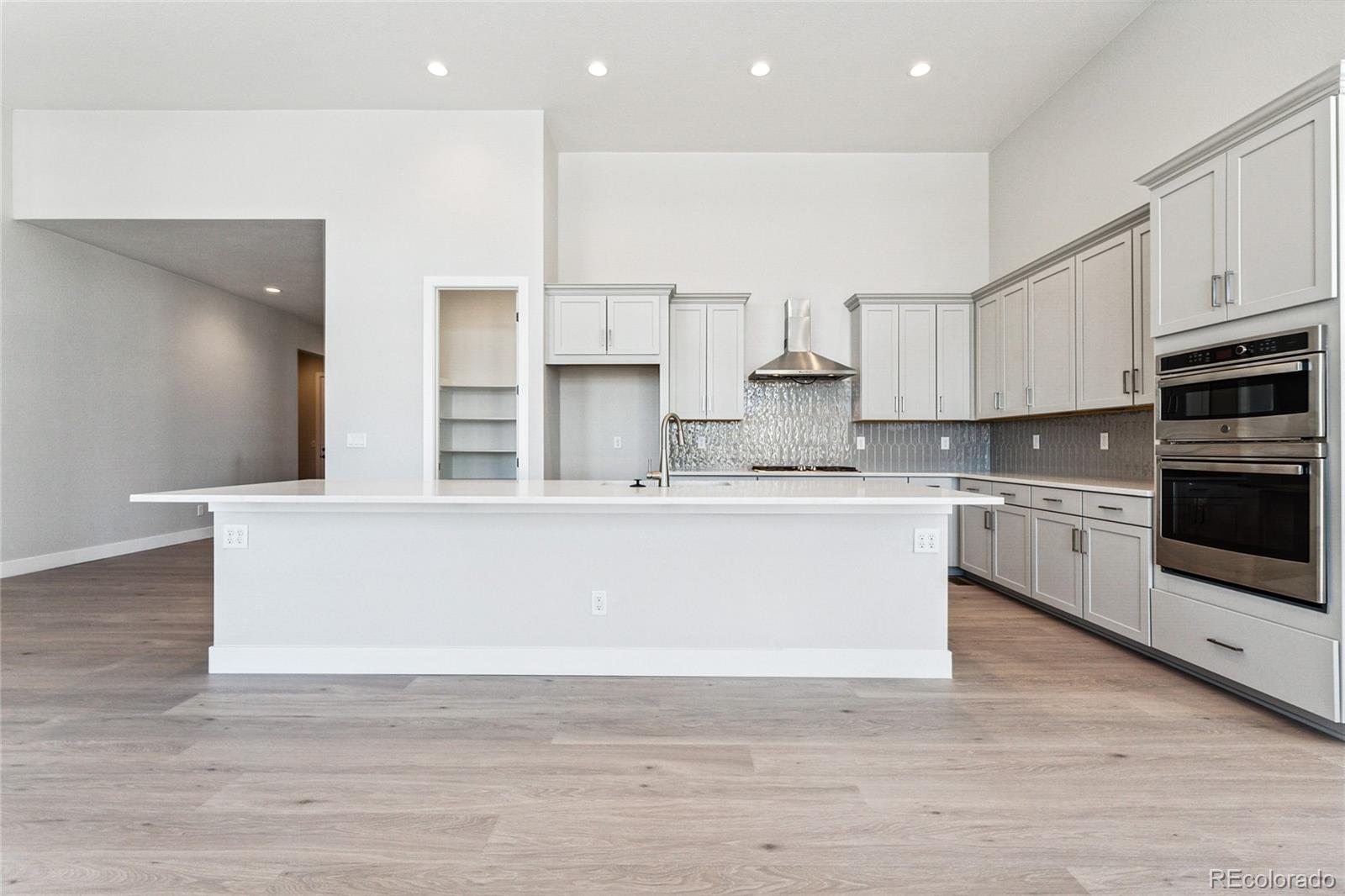 3877 Freestone Point Castle Rock, CO 80108 - Photo 10 of 48 a white kitchen with stainless steel appliances granite countertop a stove a sink and white cabinets