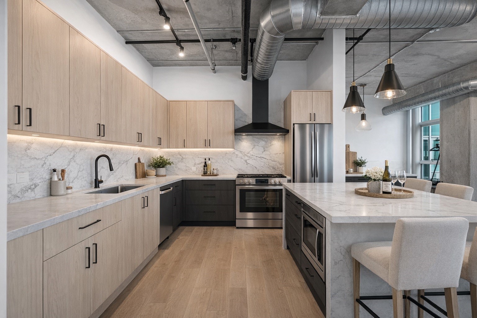 2000 Bagby Street, Unit 5423 Houston, TX 77002 - Photo 11 of 32 Virtual renovation concept illustrating the potential for a modernized galley kitchen with updated cabinetry, countertops, and stainless steel appliances.